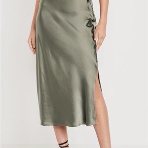 Old Navy Olive Green Satin Midi Skirt with Side Slit